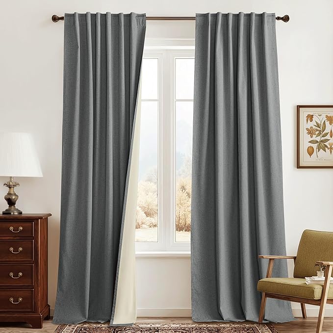 RYB HOME Grey Linen Blackout Curtains for Sliding Glass Door, 100% Blackout Linen Textured Thermal Privacy Modern Drape Panels for Dining Room Large Window, 52" W x 84" L, 2 Panels Set