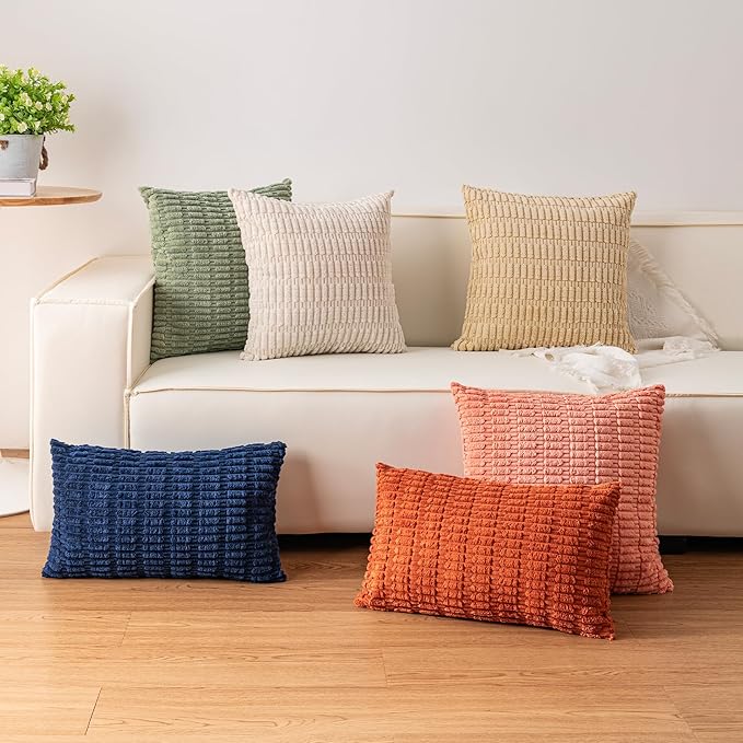 Pack of 2 Corduroy Decorative Throw Pillow Covers 18x18 InchSoft Boho Striped Pillow Covers Modern Farmhouse Home Decor for Sofa Living Room Couch Bed（Green）