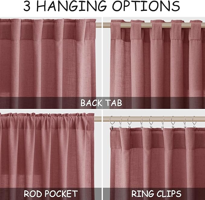 Canyon Rose Linen Curtains for Living Room 105 Inches Long Light Filtering Semi Sheer Curtain Back Tab Modern Farmhouse Decor Elegant Luxury Boho Girl Drapes for Bedroom Dinner Room 52x105, 2 Panels