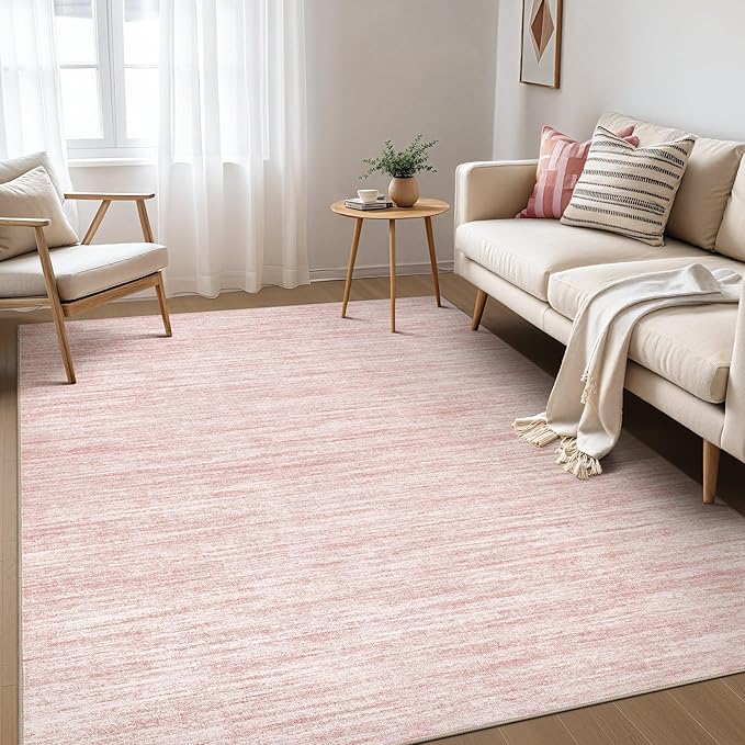 Nakagishi 5X7 Area Rugs Living Room: Washable Large Vintage Rug Neutral Non-Slip Soft Stain Resistant Indoor Carpet for Bedroom Nursery Dining Room Office Playroom - Pink-01