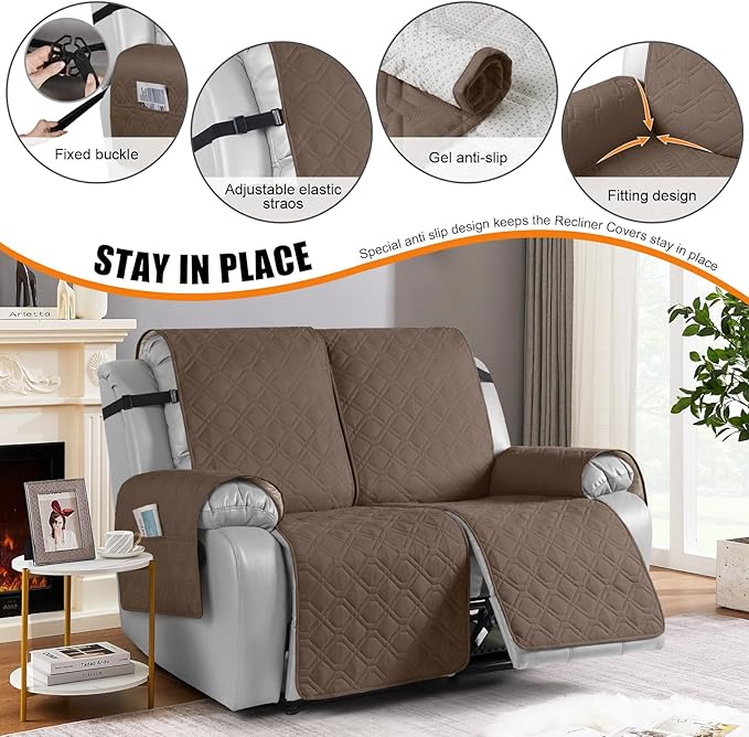 VANSOFY Waterproof Recliner Couch Covers, Sofa Covers 1-Piece Washable Reclining Sofa Cover Non-Slip Furniture Protector with Elastic Straps Pocket for Dogs, Pets(Brown,2 Seater)