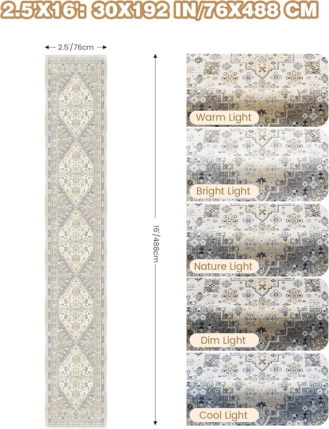 Washable Runner Rug 2.5x16, Non-Slip Long Kitchen Mats for Floor, Vintage Rug for Entryway, Soft Hallway Runner for Dining Room, Bedroom, Living Room(Beige,2.5'x16')