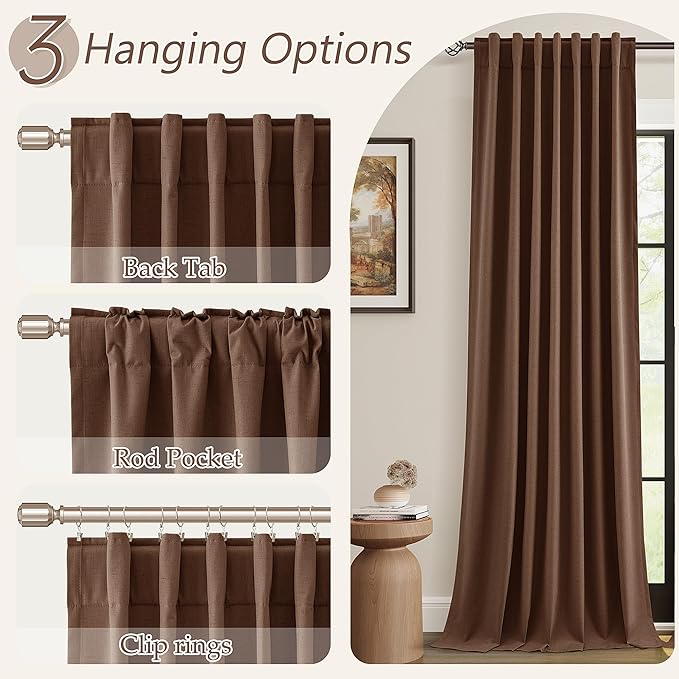Guken 100% Blackout Curtains 120 Inch Length 2 Panels Set for Living Room Bedroom Back Tab Thermal Insulated Black Out Linen Drapes Room Darkening Window Curtains Rustic Brown 52x120