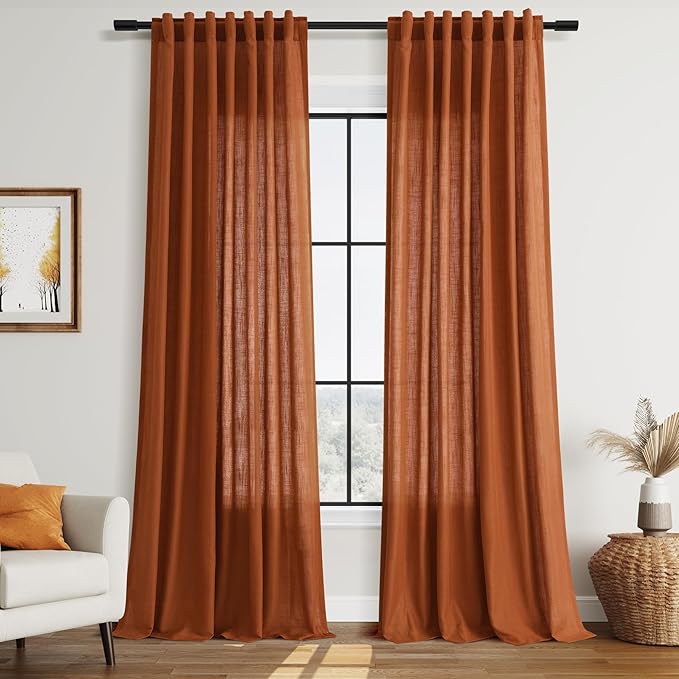 Rust Linen Curtains 108 Inches Long for Living Room Light Filtering Semi Sheer Curtain Back Tab Vintage Rustic Decor Extra Long Floor to Ceiling High Window for Bedroom Office 52x108, 2 Panels