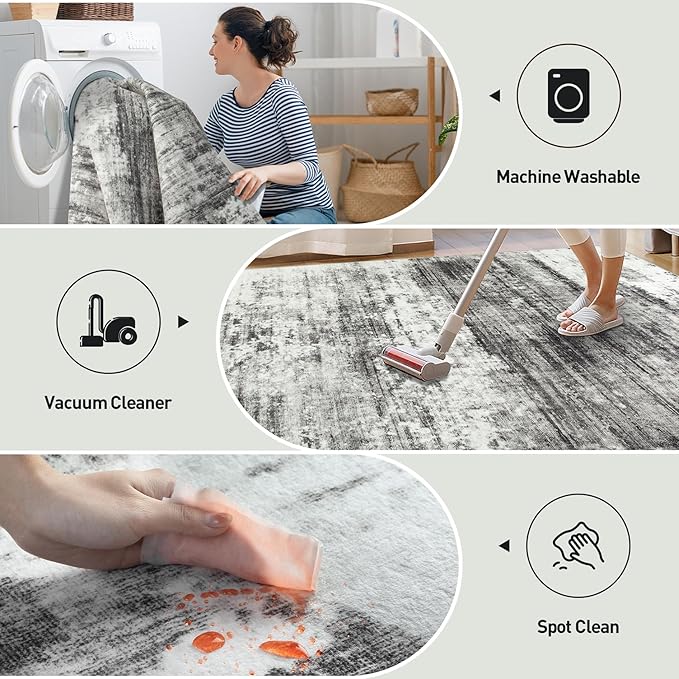4x6 Area Rugs Washable Rug: Modern Abstract Living Room Rug Soft Anti-Skid Thin Carpet Indoor Floor Non-Shedding Carpets for Bedroom Dining Room Farmhouse Nursery Home Office - Black Grey