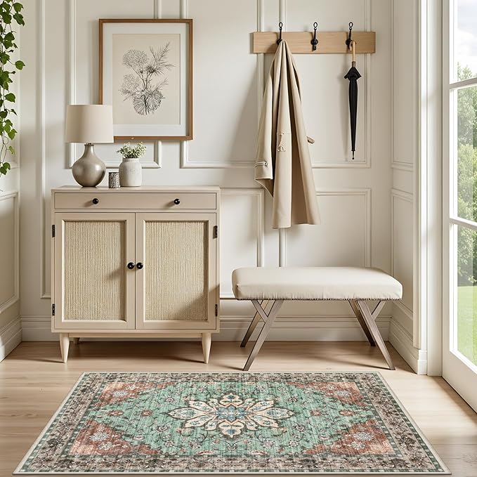 2x3 Area Rugs Living Room Rug: Washable Vintage Distressed Floral Rug No Slip Stain Resistant Soft Carpet Indoor Large Carpets for Bedroom Dining Room Farmhouse Nursery Hallway Home Office Brown Green