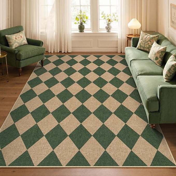 Lahome Colette Checkered Outdoor Rug 5x7, Washable Rug for Living Room Office Indoor Outdoor Carpet, Farmhouse Non Slip Non Shedding Green Carpet for Dining Room Sunroom Patio Courtyard