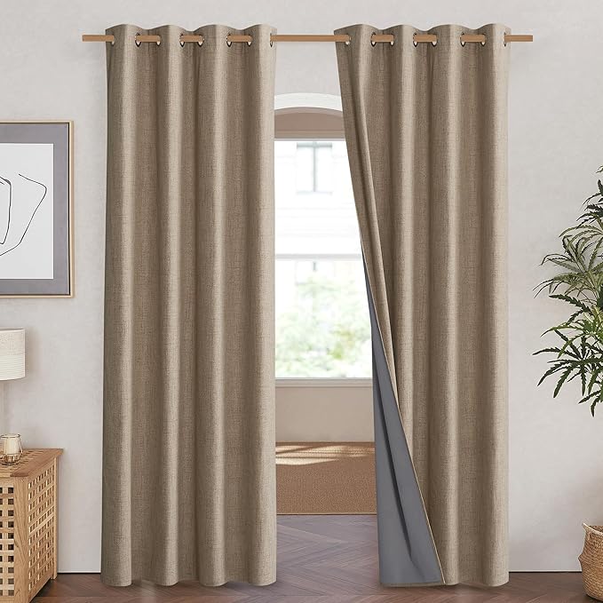 NICETOWN Burlap Vintage Open Linen Weave Flax Thermal Curtains, 100% Blackout Curtains 90" Long for Dining Room, Soundproof Window Treatment Drapes for Home Cinema, 52" Wide Per Panel, Set of 2