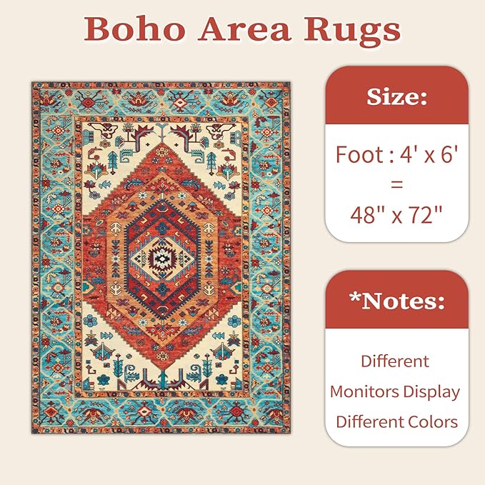 SERISSA 4x6 Boho Bedroom Rug, Washable Non Slip Vintage Orange Area Rugs, Ultra Soft Print Distressed Tribal Entry Rug Low-Pile Throw Carpet for Nursery Dorm Kitchen Living Room Decor