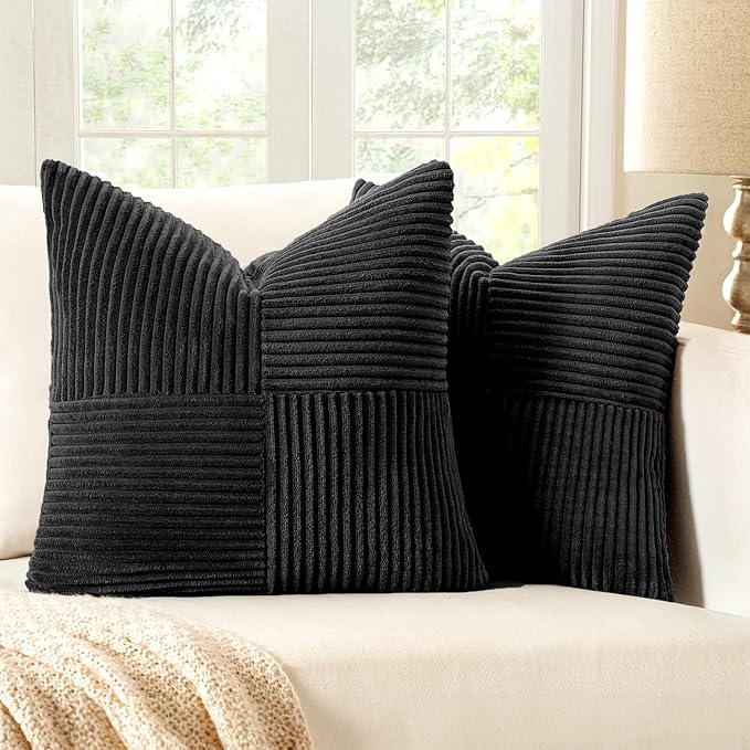 MIULEE Black Decorative Euro Sham Pillow Covers 24x24 Inch for Bed Couch Sofa Pack of 2 Boho Farmhouse Throw Pillows Soft Cross Corduroy Patchwork Textured Cushion Cases