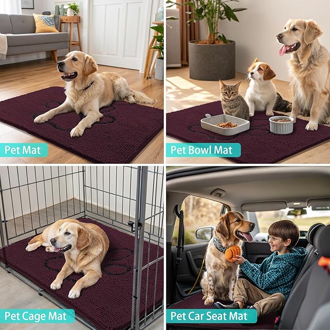 Smiry Dog Door Mat for Muddy Paws, Absorbent Dirt Trapper Non Slip Quick Dry Washable Chenille Mat for Mud Dogs, Entry Rug for Indoor and Outdoor (48x30 Inches, Russet and Black)