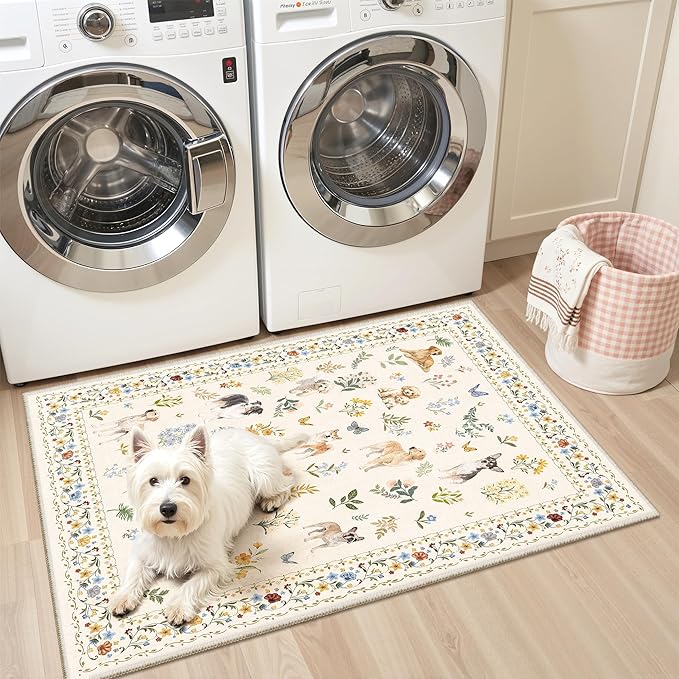 2x3 Dog Rugs for Entryway, Machine Washable Door Mat Animal Floral Small Area Rug Non-Slip Low Pile Soft Throw Rugs for Entrance Kitchen Indoor Front Door Kids Room (2 x 3,Beige)