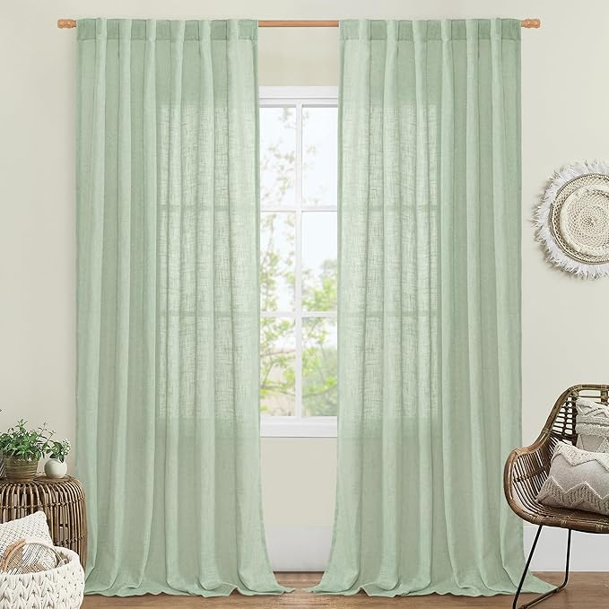 LAMIT Sheer Linen Curtains for Living Room, Back Tab and Rod Pocket Curtains Light Filtering Country Rustic Farmhouse Drapes for Bedroom/Farmhouse, 2 Panels, 52 x 102 Inch, Fresh Green