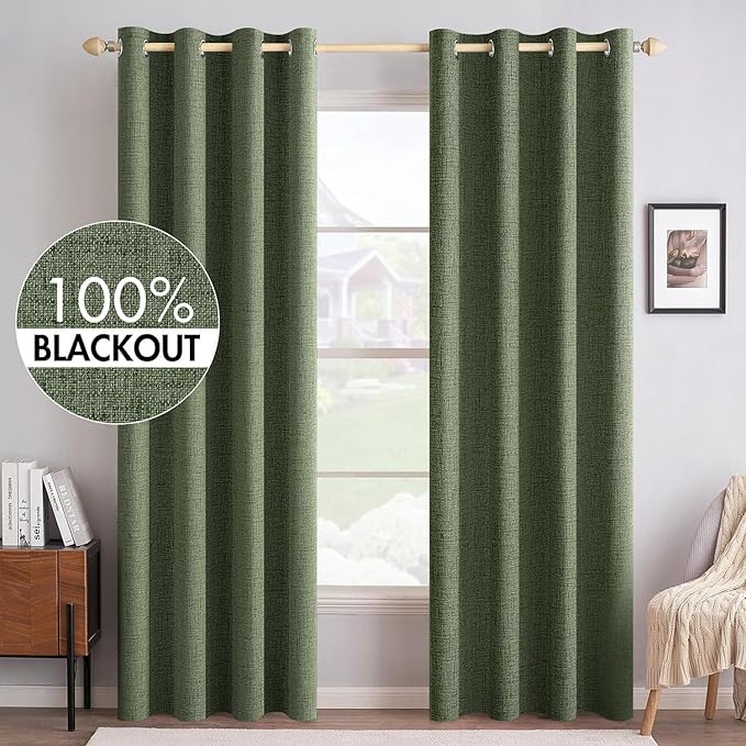 MIULEE 100% Blackout Linen Textured Curtains for Bedroom Solid Thermal Insulated Olive Green Grommet Room Darkening Curtains & Drapes Luxury Decor for Living Room Nursery 52 x 96 Inch (2 Panels)
