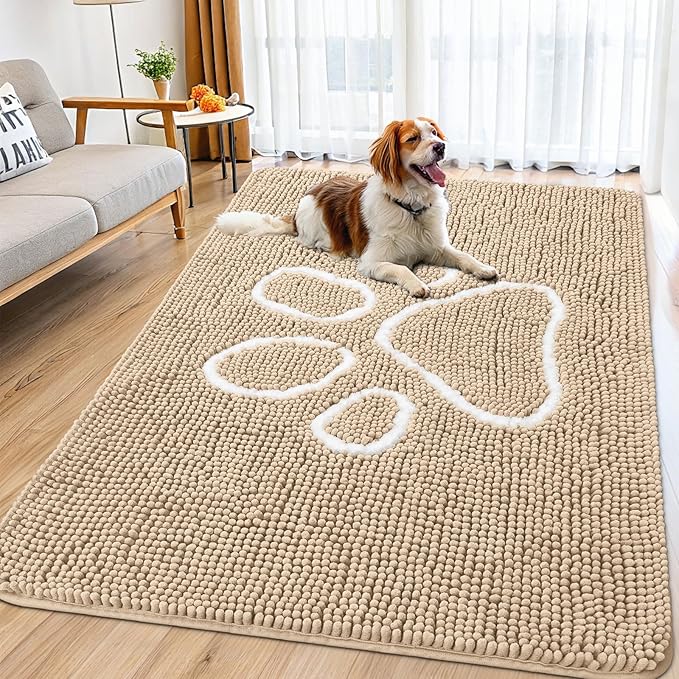 Smiry Dog Door Mat for Muddy Paws, Absorbent Dirt Trapper Non Slip Quick Dry Washable Chenille Mat for Mud Dogs, Entry Rug for Indoor and Outdoor (70x35 Inches, Beige and White)