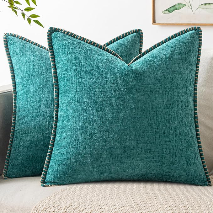MIULEE Pack of 2 Couch Throw Pillow Covers 18x18 Inch Teal Farmhouse Decorative Pillow Covers with Stitched Edge Soft Chenille Solid Dyed Spring Pillow Covers for Sofa Bed Living Room