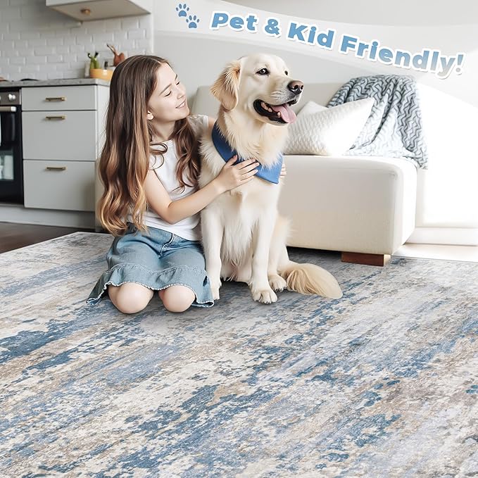 Area Rugs 8x10 for Living Room: Washable Rug Modern Abstract Neutral Soft Non-Slip Low-Pile Indoor Large Carpet for Bedroom Dining Room Playroom Home Office (Light Blue Brown, 8'x10')