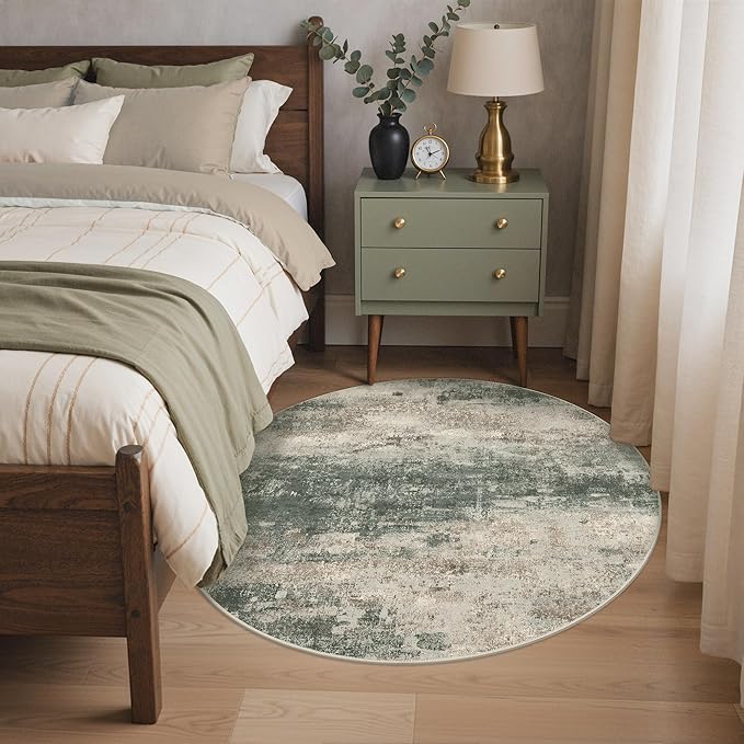 Round Rugs 4FT for Living Room Bedroom, Modern Abstract Machine Washable Circle Rug, Soft Low Pile Floor Cover with Non Slip Backing for Dining Room, Grey/Dark Green