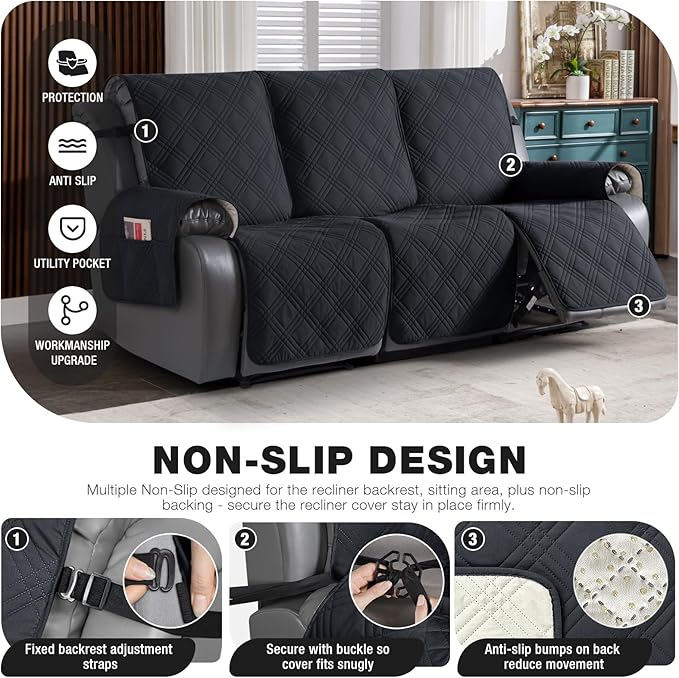 TAOCOCO 100% Waterproof Recliner Sofa Cover Non Slip Couch Cover for 3 Seat Reclining Sofa, Split Reclining Couch Covers 3-Piece with Straps, Washable Sofa Slipcover for Kids Pets(3 Seater, Black)