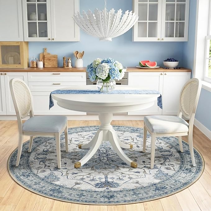 Area Rugs 6ft Washable Non-Slip, Floral Vintage Distress Print Pattern Medallion Carpet for Living Room Bedroom Dining Room, Light Blue Navy Beige Gray White