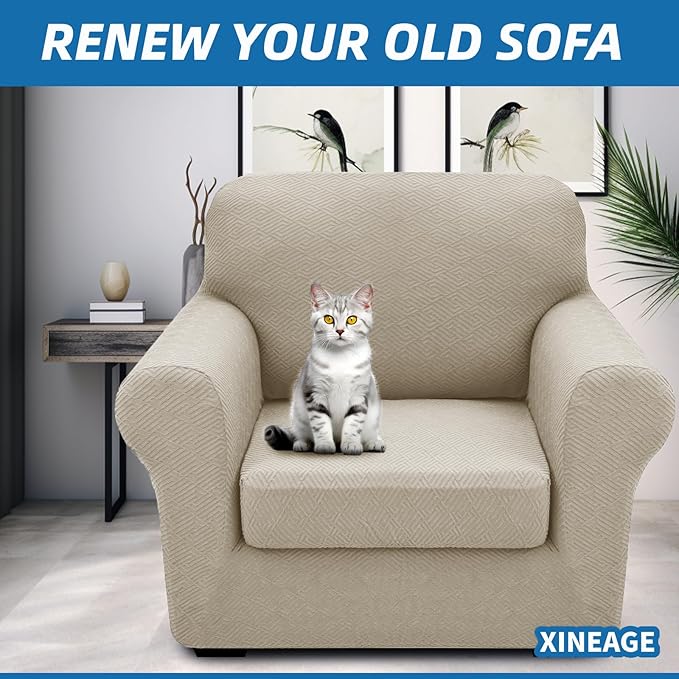 XINEAGE 2026 New 2 Pieces Chair Covers with Arms Super Stretch Chair Slipcover for Living Room Pet Dog Universal Slip Cover Anti Slip Armchair Furniture Protector (Khaki), 31"-46"(1 Cushion)