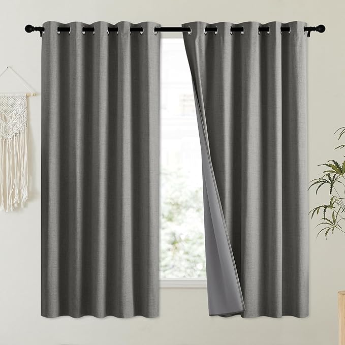 NICETOWN Grizzle Gray Vintage Linen 100% Blackout Curtains for Kitchen, Thermal Insulated Curtains 63" Long, Noise Reducing Window Treatment Drapes for Dorm Room, 62" Wide Per Panel, Set of 2