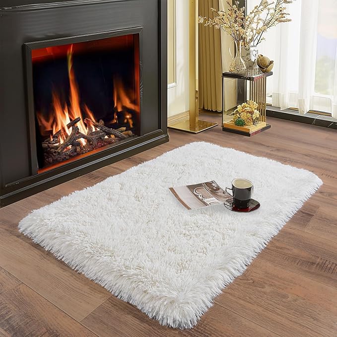 Ultra Soft Runner Rugs for Bedroom Hallways with Upgraded Non-Slip Rubber Backing & Thick Memory Sponge, 2x3 Feet Fluffy Shag Throw Area Rug for Bedside Dorm Cream