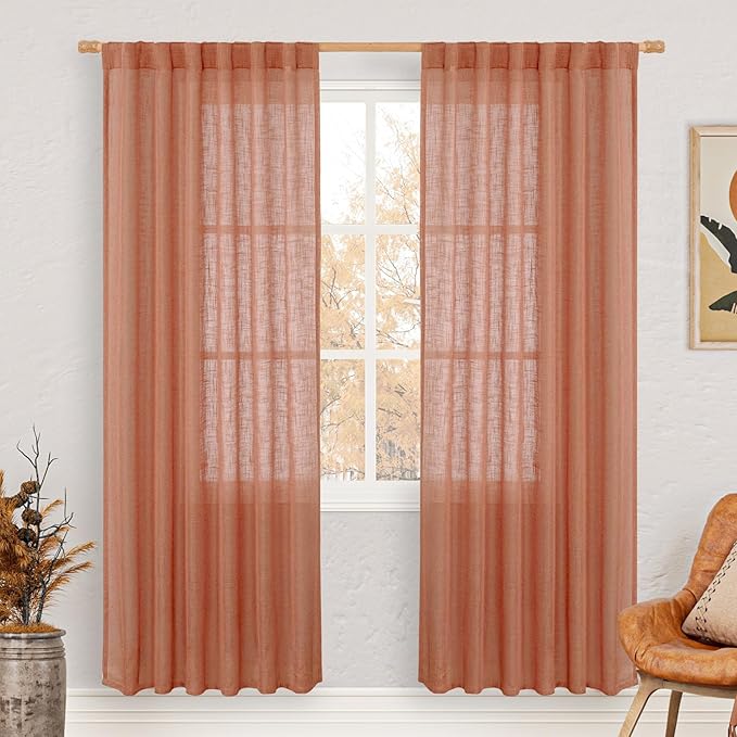LAMIT Terracotta Linen Boho Curtains 80 inch Length, Light Filtering Semi Sheer Panels Back Tab and Rod Pocket Neutral Panels for Bedroom/Living Room, 52 x 80 Inch