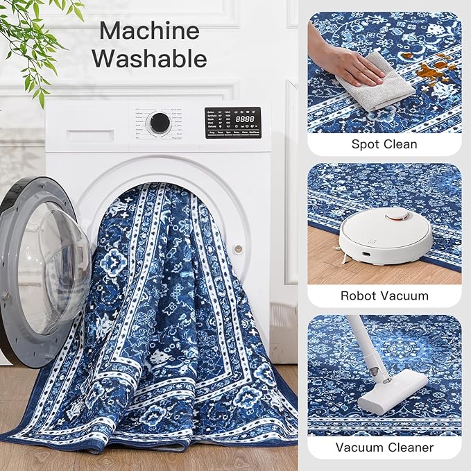 Lofus 5x7 Area Rugs for Living Room, Machine Washable Non-Slip Area Rug, Low Pile Large Rugs for Bedroom, Kitchen, Dining Room, Home Office, Vintage Oriental Print Rug, Dark Blue with White