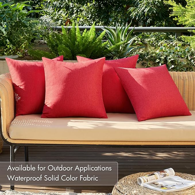 MIULEE Pack of 4 Decorative Solid Waterproof Throw Pillow Covers Linen Garden Farmhouse Cushion Cases for Outdoor Patio Tent Balcony Couch Sofa 16x16 inch Red