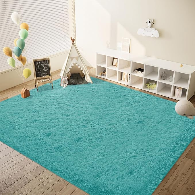 8x10 Area Rugs for Living Room: Fluffy Shag Soft Washable Rug Large Fuzzy Plush Indoor Carpet for Bedroom Nursery Playroom Kids Girls Boys Room (Teal Blue, 8'x10')