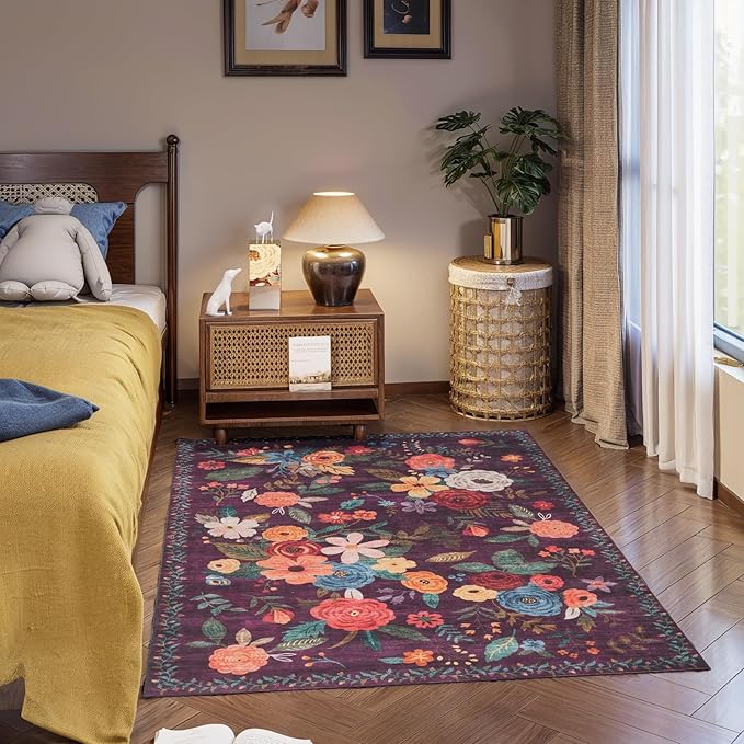 Area Rug 4x6 Rug Washable Boho Rugs Non Slip Low Pile Floral Small Carpet for Bedroom, Bedside, Kids Room, Office, Dining Room(4 x 6, Purple Lawn)