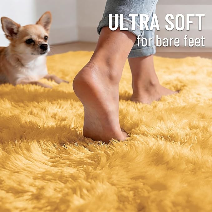 OLANLY 5x8 Machine Washable Large Area Rugs for Living Room, Bedroom, Soft Fluffy Shaggy Bedside Rug, Indoor Floor Carpet for Kids Girls and Boys, Dorms, Nursery, Home Decor Aesthetic, Mustard Yellow