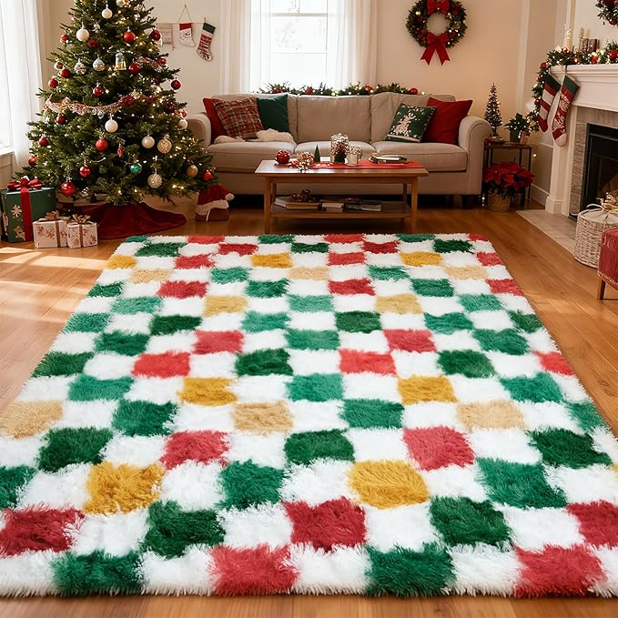 Checkered Area Rug 8x10 for Living Room Bedroom, Christmas Shag Rug Fuzzy Shaggy Bedside Carpet, Indoor Plush Floor Rugs for Kids Boys Girls Room Holiday Home Decor