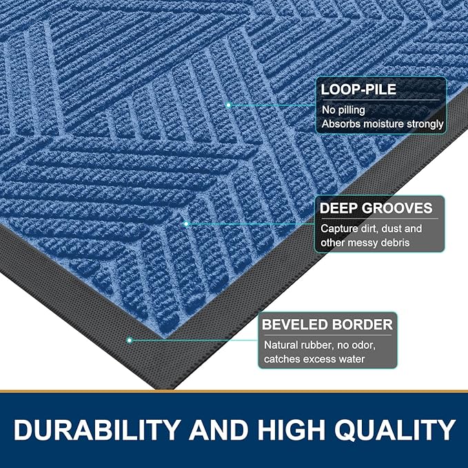 Smiry Front Door Mat Outside Entrance, Heavy Duty Sturdy Natural Rubber Doormat, Trap Dirt and Moisture, Easy Clean Low Profile Welcome Floor Mats for Indoor Outdoor Entry, 59x23 Inch, Blue