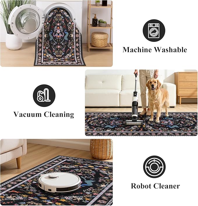 HEBE Washable Hallway Runner Rug 2'x 6' Non Slip Kitchen Rugs Runner,Low Pile Entryway Rug Laundry Room Mat Floral Carpet Runners for Hallways, Kitchen,Bathroom,Laundry,Bedside Rug