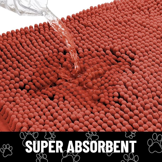 Smiry Dog Door Mat for Muddy Paws, Absorbent Dirt Trapper Non Slip Quick Dry Washable Chenille Mat for Mud Dogs, Entry Rug for Indoor and Outdoor (48x30 Inches, Maple Red and Black)
