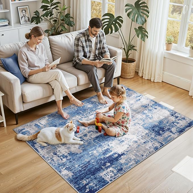 Washable Area Rugs 4'x6' Non-Slip Modern Abstract Soft for Living Room Entryway Bedroom Nursery, Print Pattern, Blue Grey Navy Gray