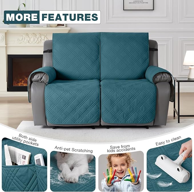 TAOCOCO 100% Waterproof Loveseat Recliner Covers 2 Seater, Split Loveseat Covers for Reclining loveseat, Non Slip Reclining Couch Cover with Double Straps for Kids, Pets(2 Seater, Peacock Blue)