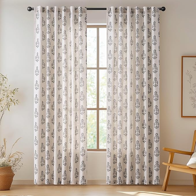 jinchan Linen Floral Curtains for Living Room 84 Inch Length Black Flower Cottage Core Farmhouse Curtains Rod Pocket Back Tab Boho Semi Sheer Window Drapes Bedroom Set 2 Panels Black on Beige