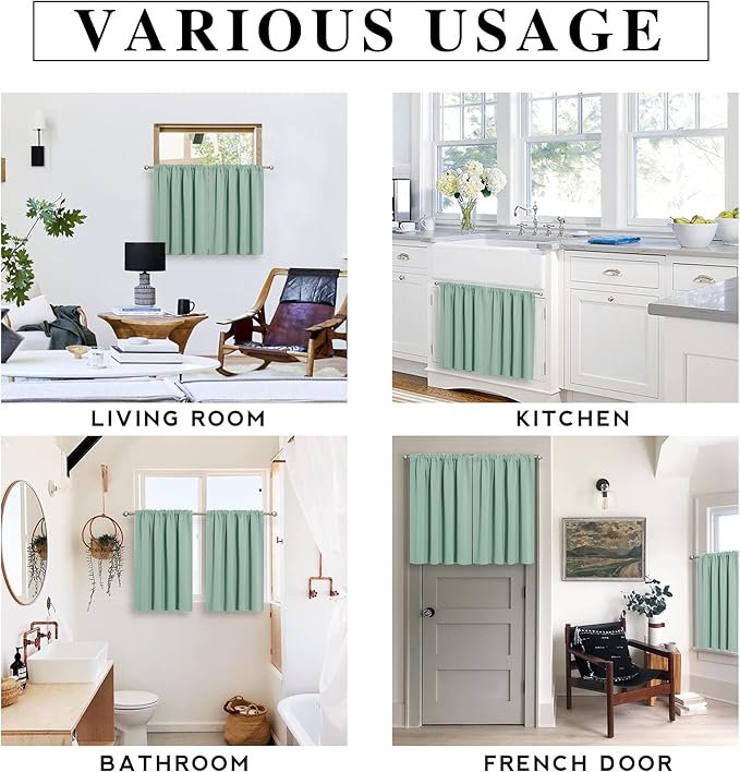 RYB HOME Blackout Privacy Bathroom Window Curtains, Short Thermal Insulated Heat Blocking Privacy Rod Pocket Half Window Curtain Tiers for Nursery Bedroom, Width 42 by Length 30, Aqua, 2 Panels