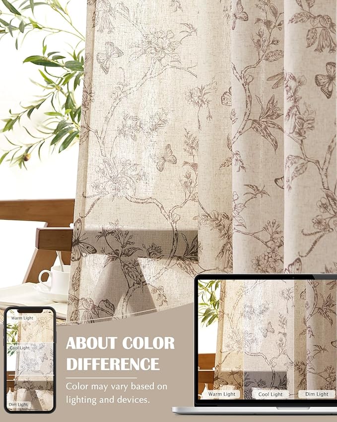 jinchan Floral Linen Curtains for Living Room 84 Inch Length Butterfly Curtain Taupe Floral Curtains French Country Farmhouse Curtain Flower Patterned Drapes Window Treatment Set 2 Panels