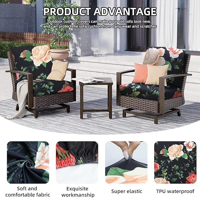 8Pcs Outdoor Cushion Covers, Patio Cushion Covers,Stretch Elastic Slipcovers, Replacement Washable & Reusable Furniture Protector for Patio Couch (Death of Summer-Pattern,Cover Only)