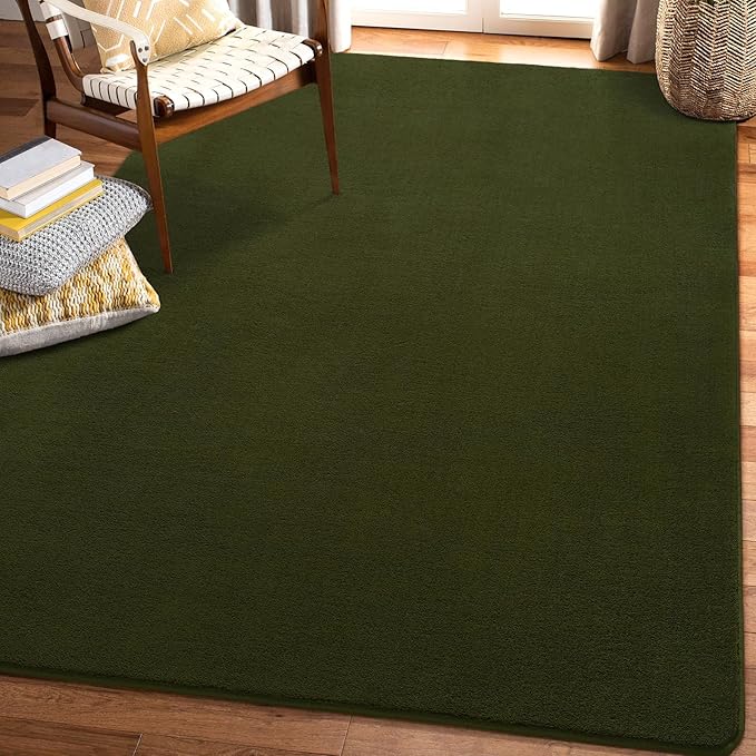 Amearea 5x5 Square Area Rugs for Bedroom Living Room, Olive Green Thickened Memory Foam Rug, Fluffy Indoor Washable Rugs Non Slip Minimalist Carpet for Kids Boys Girls Dorm Nursery Room Decor