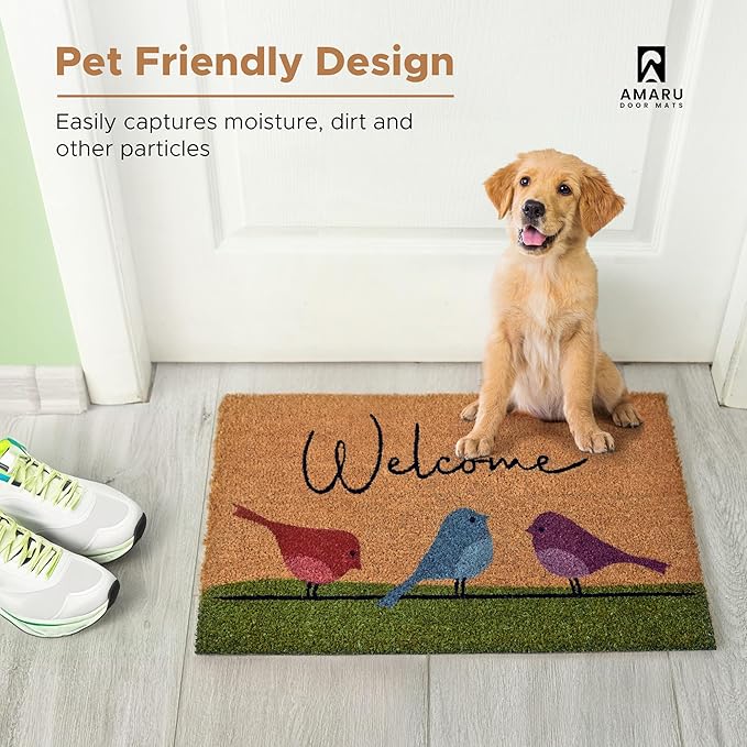 Colorful Birds - 24"x36" - Coir Door Mat with Heavy Duty Backing - Welcome Mats for Entryway, Porch - Anti-Slip PVC & Coconut Fiber Surface - Natural Home Accessories, Minimalist Original Design