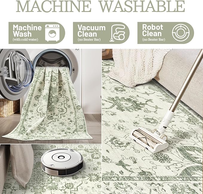 Madane 5x7 Area Rugs for Living Room, Vintage Stain Resistant Area Rug, Floral Print Rug Non-Slip Thin Washable Rugs for Bedroom Dining Room, Green/Ivory