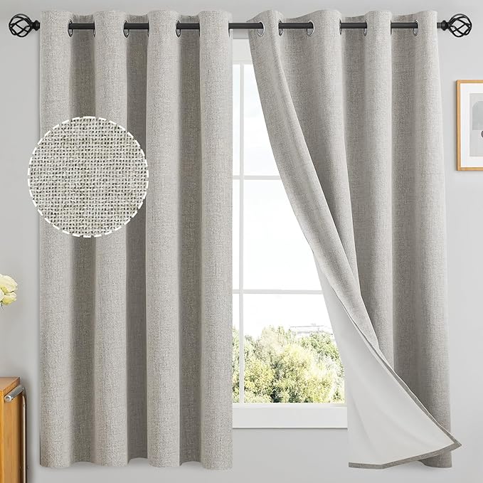 Yakamok Oatmeal Linen Curtains 100% Blackout 63 Inches Long,Room Darkening Textured Curtains for Living Room Thermal Grommet Bedroom Curtains 2 Panels with White Liner