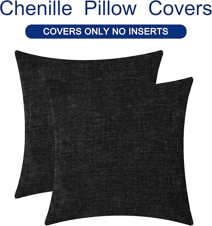 CaliTime Throw Pillow Covers Decorative 16 X 16 Inches Pack of 2 Cozy Chenille Cushion Cases for Couch Sofa Bed Living Room Home Black