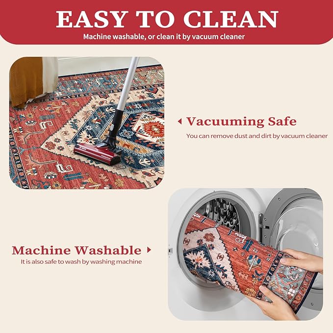 SERISSA 8x12 Area Rugs for Living Room, Large Washable Non-Slip Boho Rug, Ultra Soft Vintage Rust Oriental Tribal Print Distressed Carpet for Dining Room Bedroom Office Home Decor
