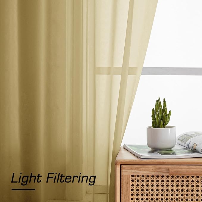 Simplebrand Gold Sheer Valances 14 Inches Long for Living Room Pocket 2 Panel Light Filtering Sheer Translucent Valence Toppers for Window Kitchen Bathroom Bedroom Ivory 42x14 Inch Length